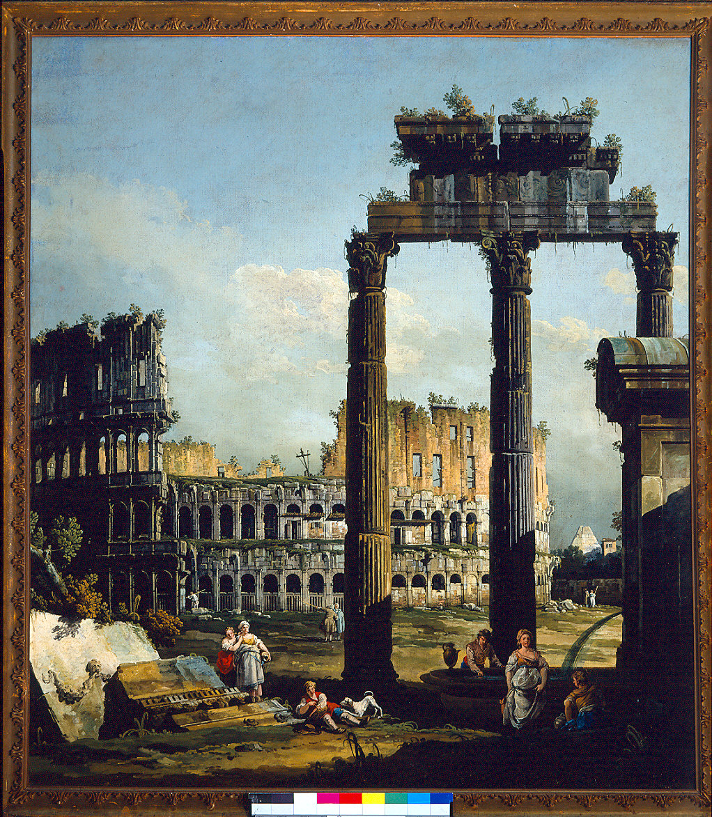 Capriccio romano con il Colosseo, i resti del Tempio dei Dioscuri e la fontana di Campo Vaccino (dipinto, coppia) di Bellotto Bernardo (sec. XVIII)