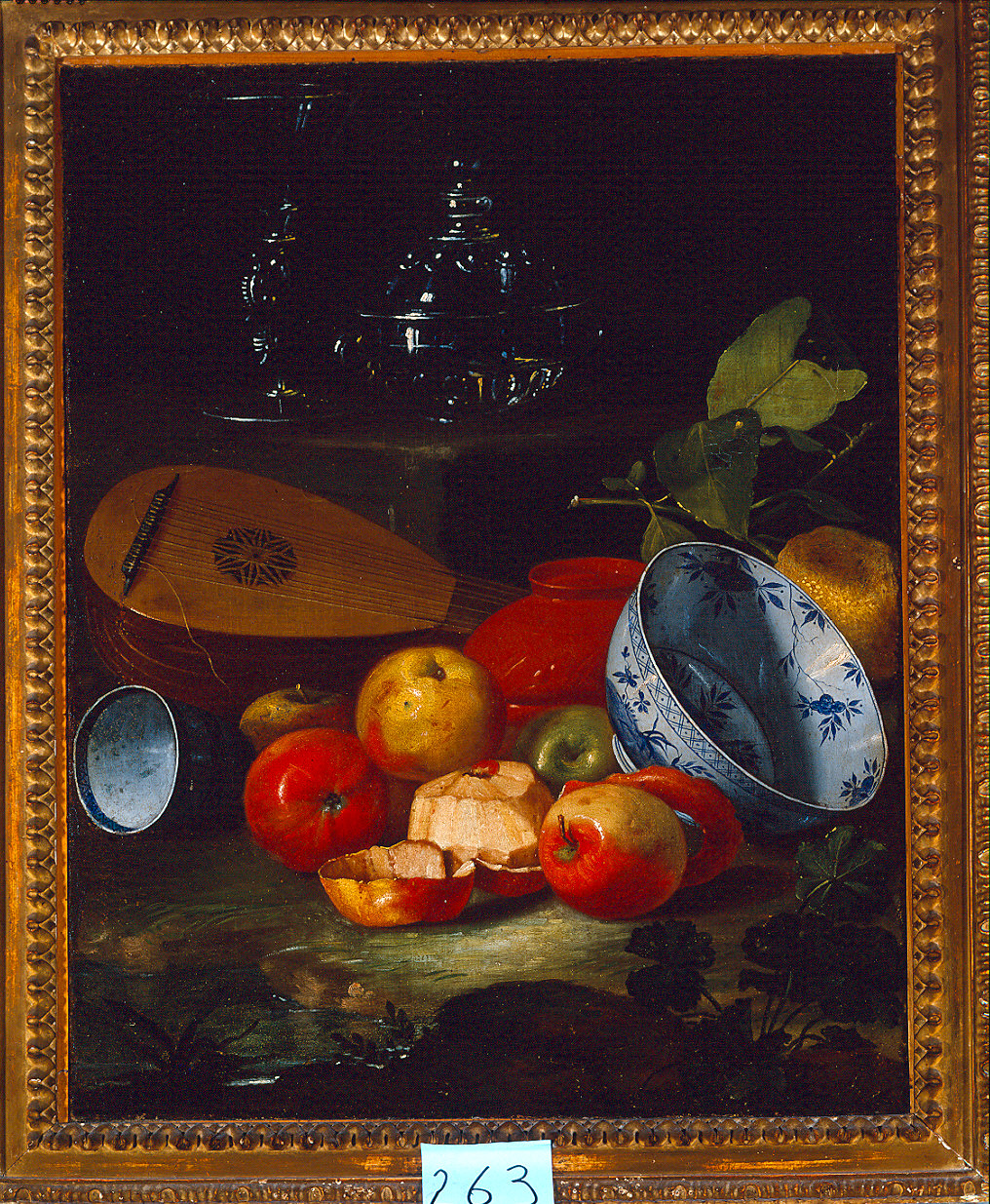 Mandola, calice e ciotola di vetro, porcellane, mele (dipinto, pendant) di Munari Cristoforo (sec. XVIII)