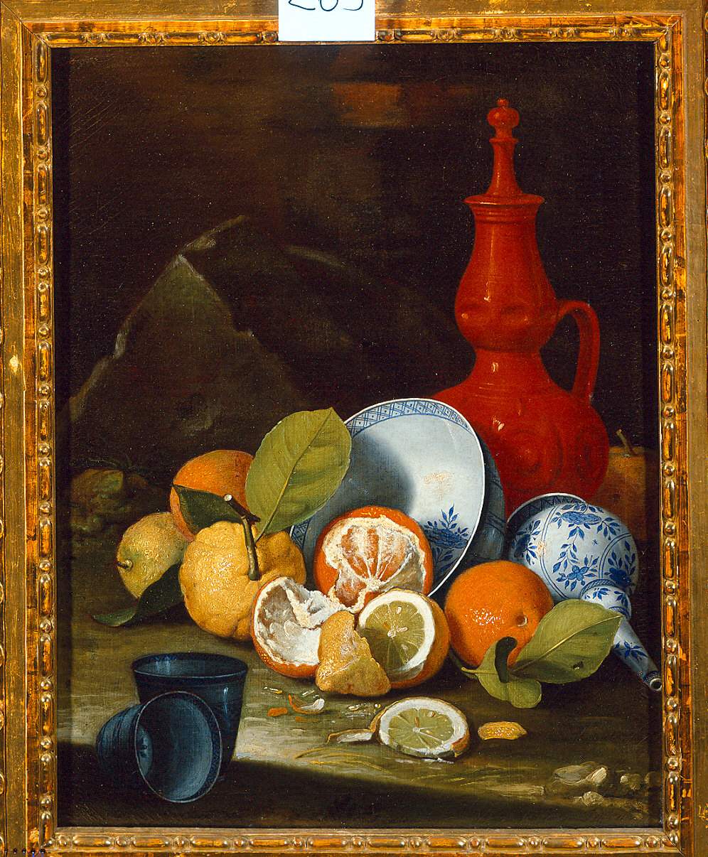 Bucchero, porcellane, arance e limoni (dipinto, pendant) di Munari Cristoforo (sec. XVIII)