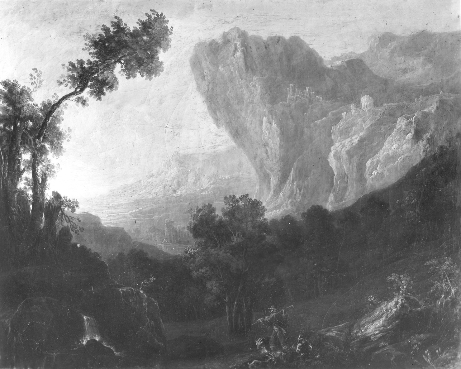 vallata boscosa con alte rupi (dipinto) di Crescenzi Antonio (sec. XVIII)