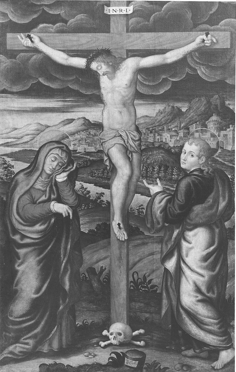 crocifissione di Cristo con la Madonna, San Giovanni Evangelista (dipinto) di Bertucci Giovanni Battista il Giovane (sec. XVI)