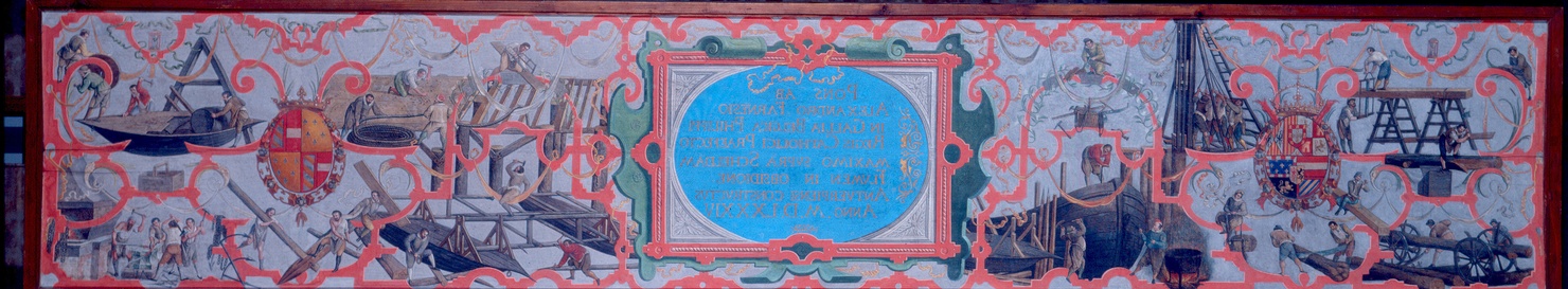 Costruzione del ponte sulla Schelda (dipinto) - ambito fiammingo (seconda metà sec. XVI)