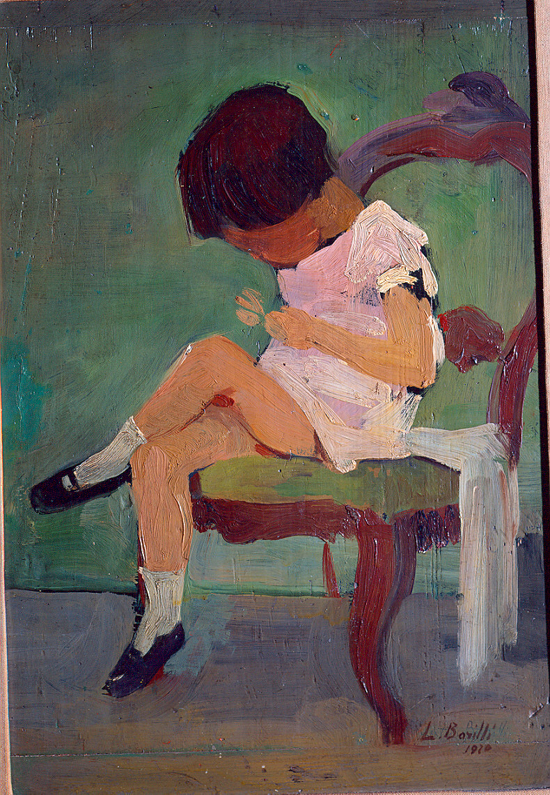 Bambina che cuce (dipinto) di Barilli Latino (sec. XX)