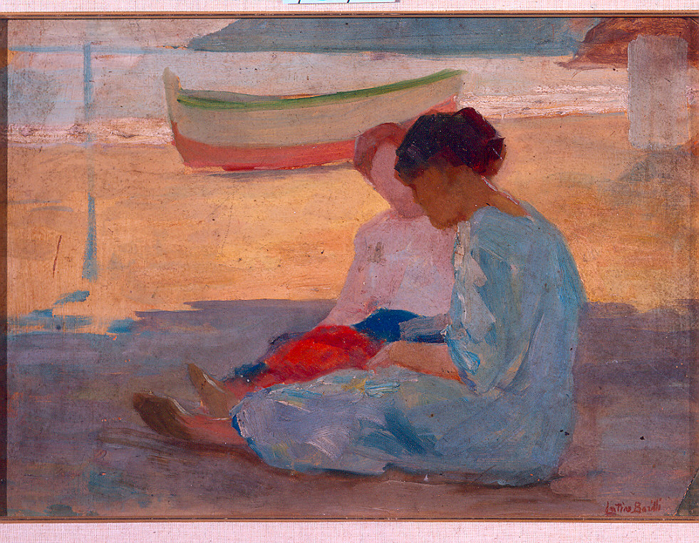Donne sulla spiaggia (dipinto) di Barilli Latino (sec. XX)
