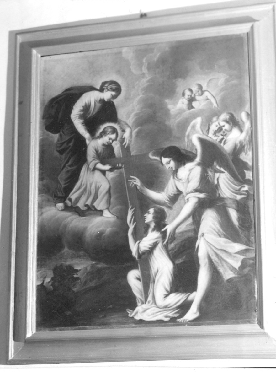 Angeli, Gesù giovinetto, la Vergine e una santa (dipinto) - ambito parmense (sec. XIX)