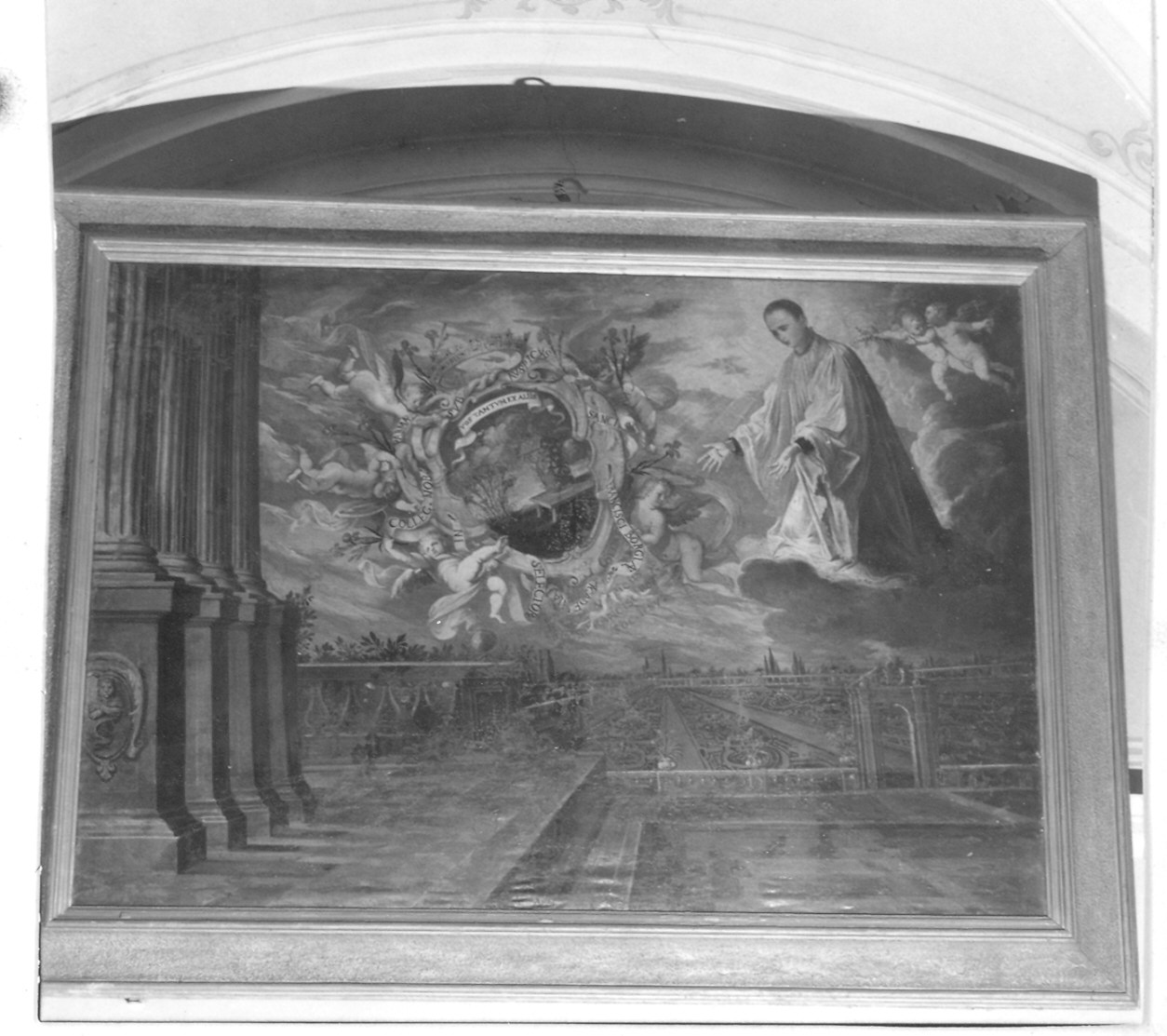 Stemma tra angeli e santo (dipinto) - ambito parmense (sec. XVIII)