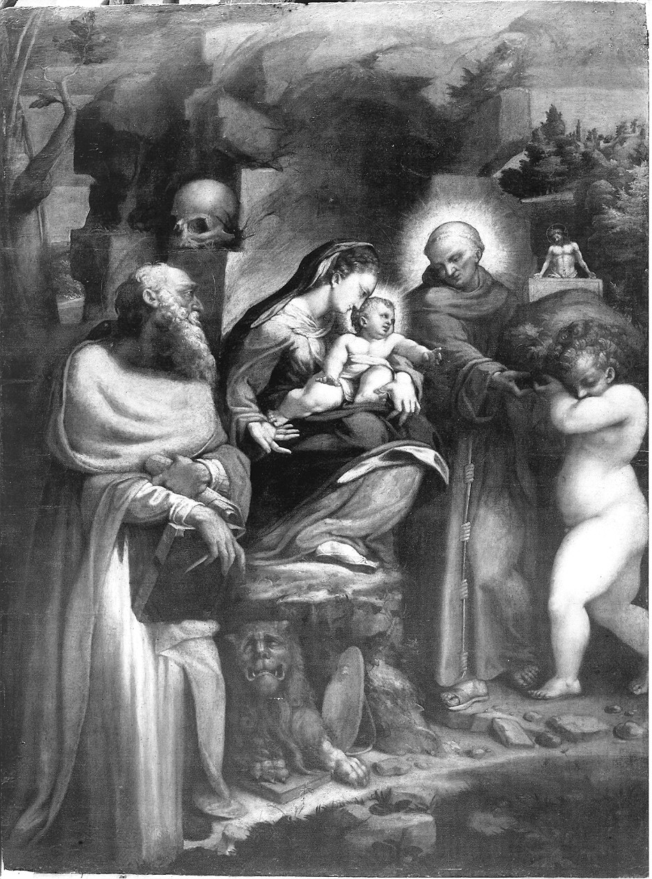 Madonna con Bambino e Santi Gerolamo e Bernardino da Feltre (dipinto) di Rondani Francesco Maria (attribuito) (sec. XVI)
