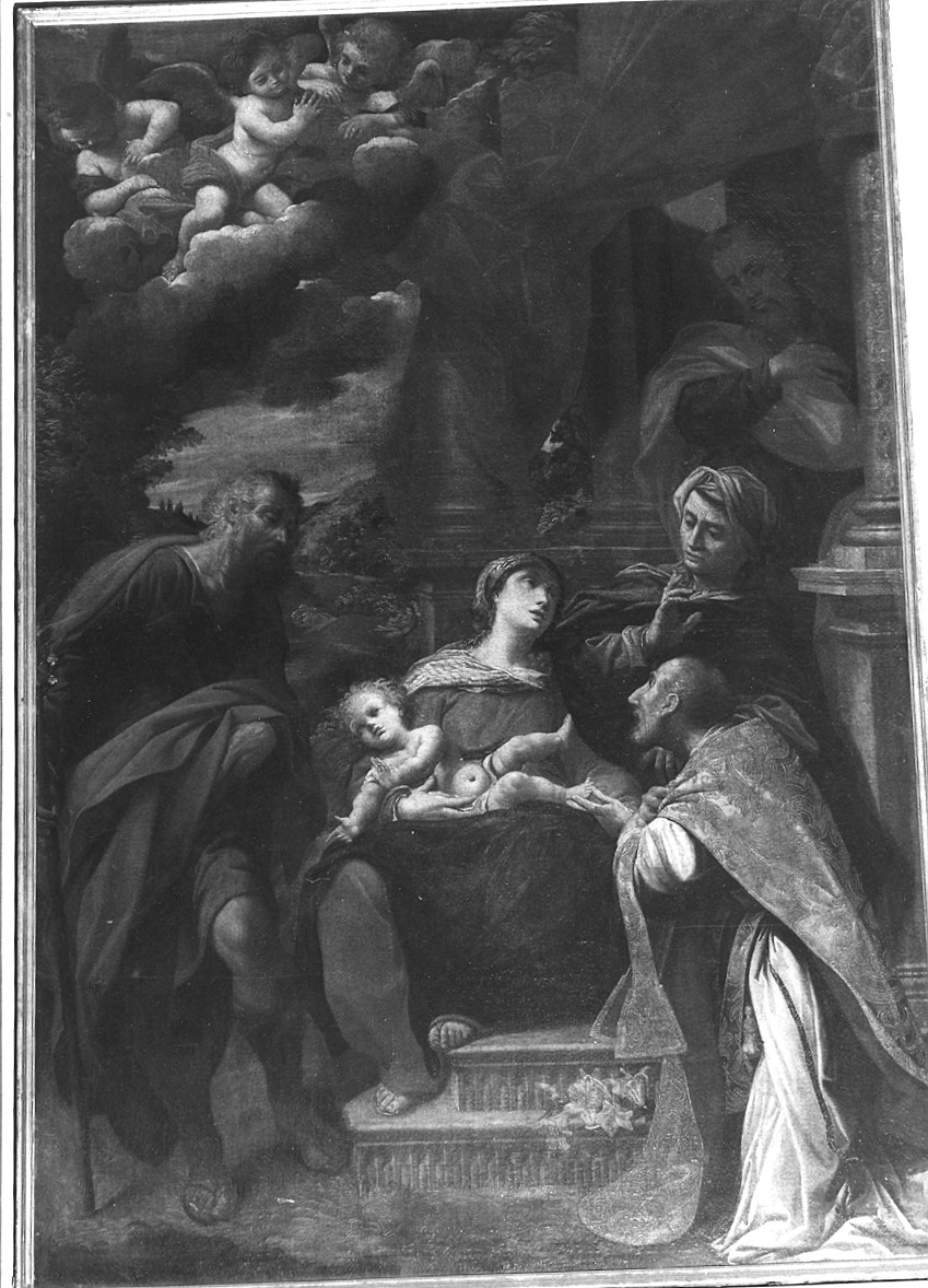 Madonna con Bambino e Santi Giuseppe, Anna, Gioacchino, Filippo Neri (dipinto) di Tiarini Alessandro (attribuito) (prima metà sec. XVII)