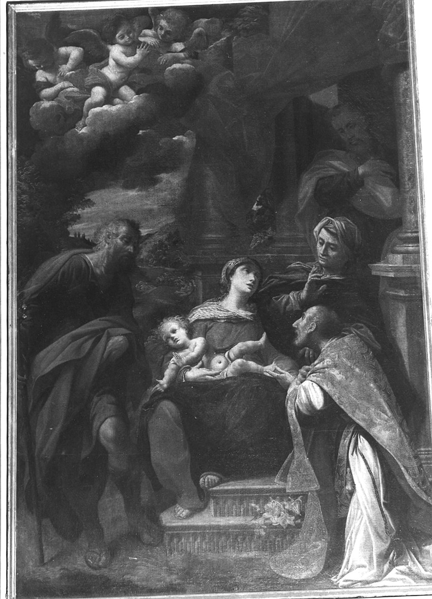 Madonna con Bambino e Santi Giuseppe, Anna, Gioacchino, Filippo Neri (dipinto) di Tiarini Alessandro (attribuito) (prima metà sec. XVII)