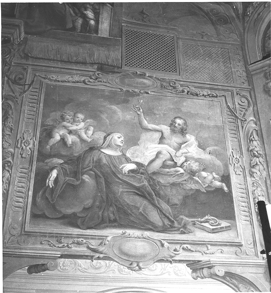 Santa Gertrude e il Redentore (parete di sinistra)//architetture (parete di destra) (dipinto) di Boni Giacomo Antonio, Aldrovandini Tommaso (sec. XVIII)