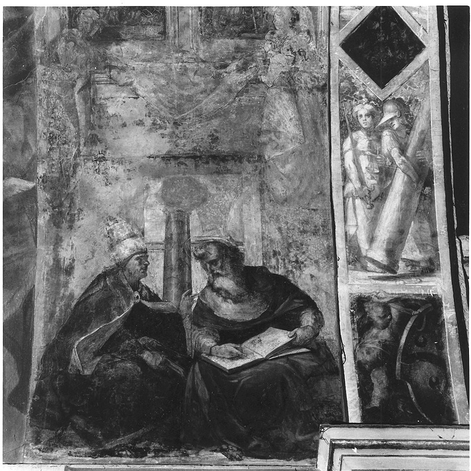 allegorie, putti, scene bibliche (sottarco est.)//quattro dotti della chiesa (sottarco int.) (dipinto) di Anselmi Michelangelo detto Michelangelo da Lucca (sec. XVI)