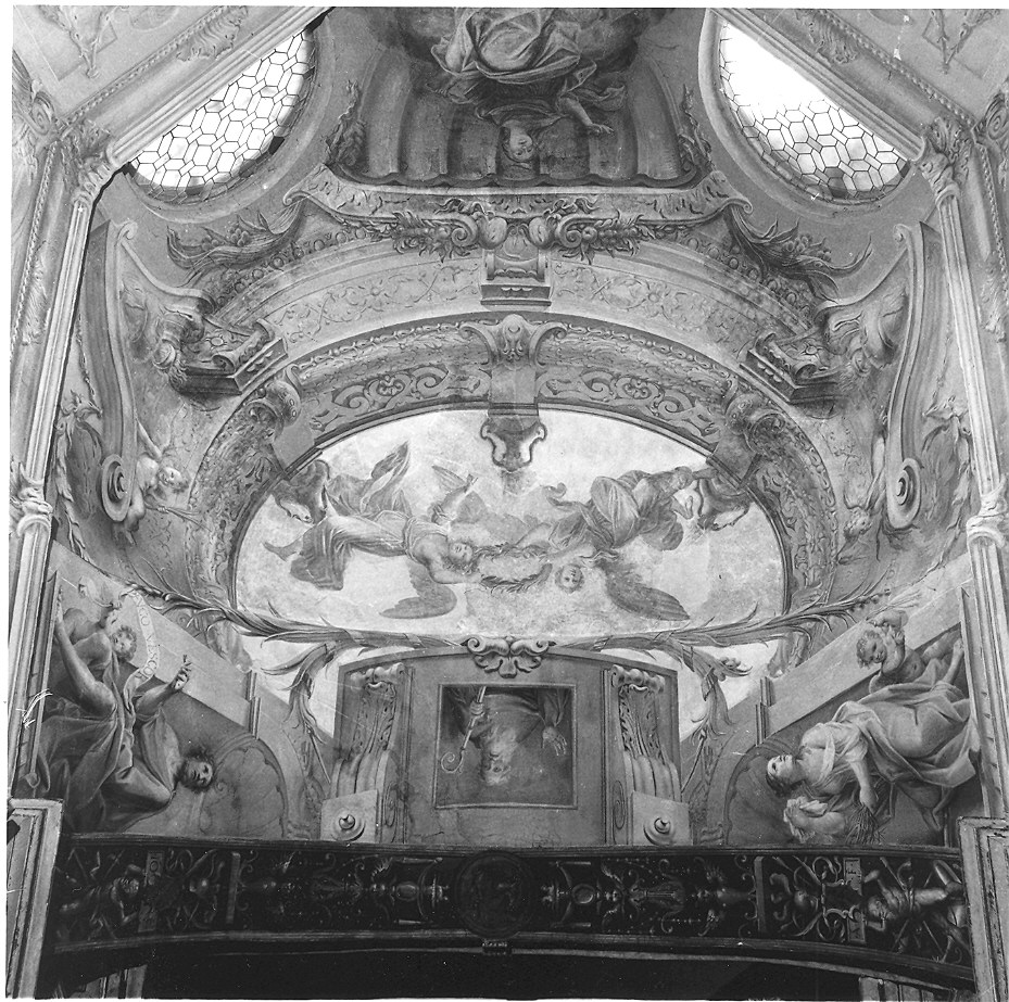 Santa Lucia e San Giovanni (sottarco)//prospettive architettoniche (pareti) (dipinto) di Boni Giacomo Antonio, Aldrovandini Tommaso (sec. XVIII)