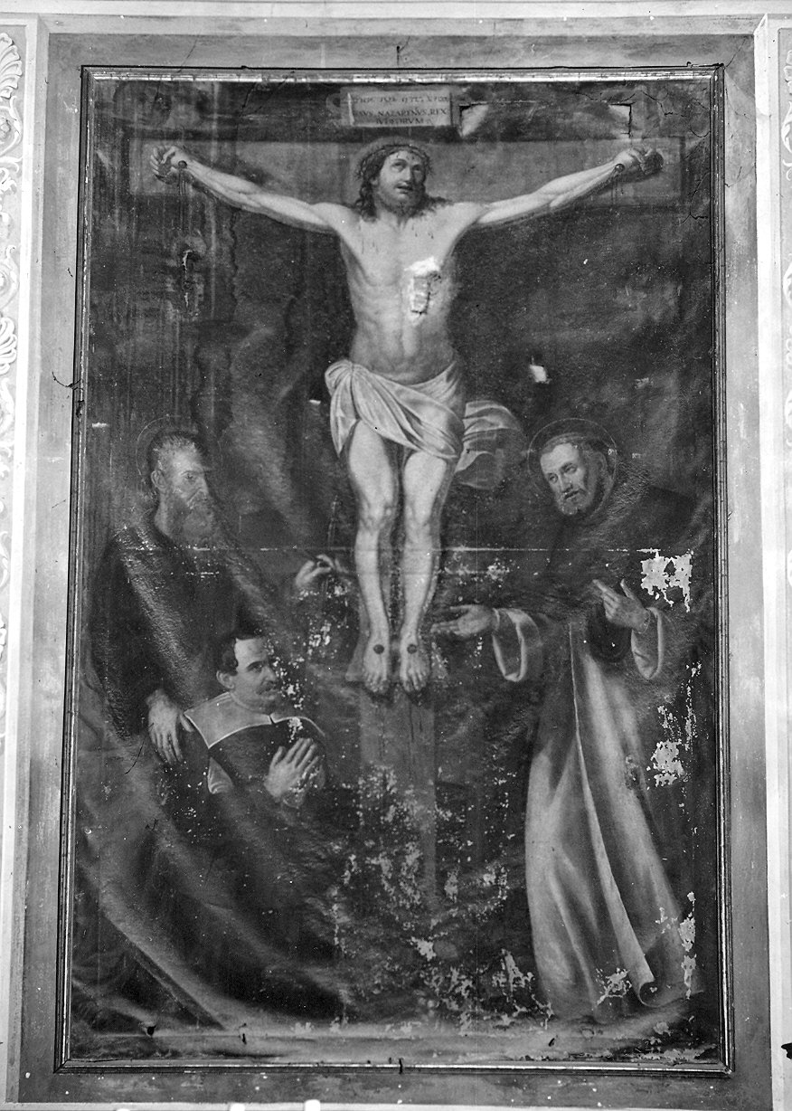 crocifissione di Cristo con i SS. Paolo e Benedetto (dipinto) - ambito emiliano-lombardo (fine/inizio secc. XVI/ XVII)