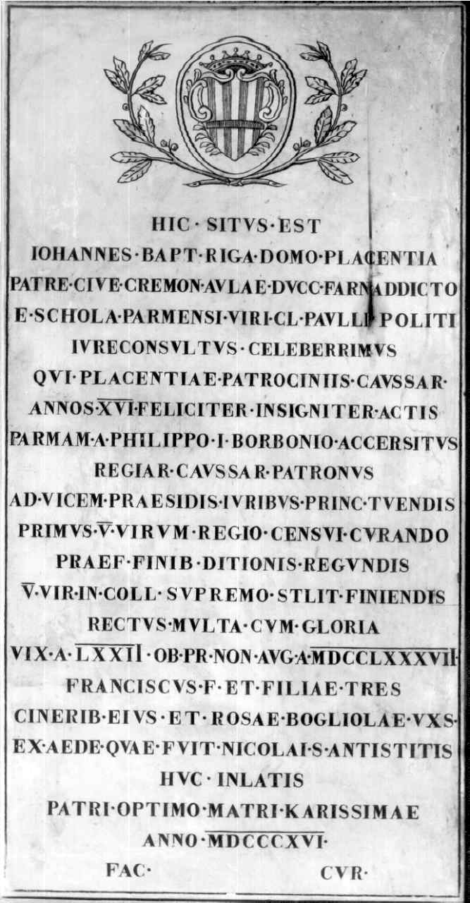 lapide commemorativa - bottega parmense (primo quarto sec. XIX)