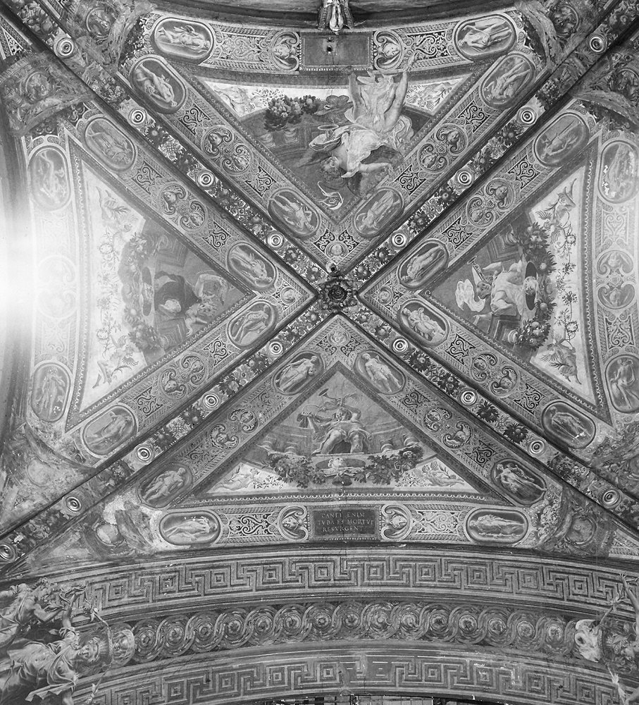 architettura illusionistica con grottesche, putti ed allegorie (dipinto, complesso decorativo) di Mazzola Bedoli Girolamo (secondo quarto sec. XVI)