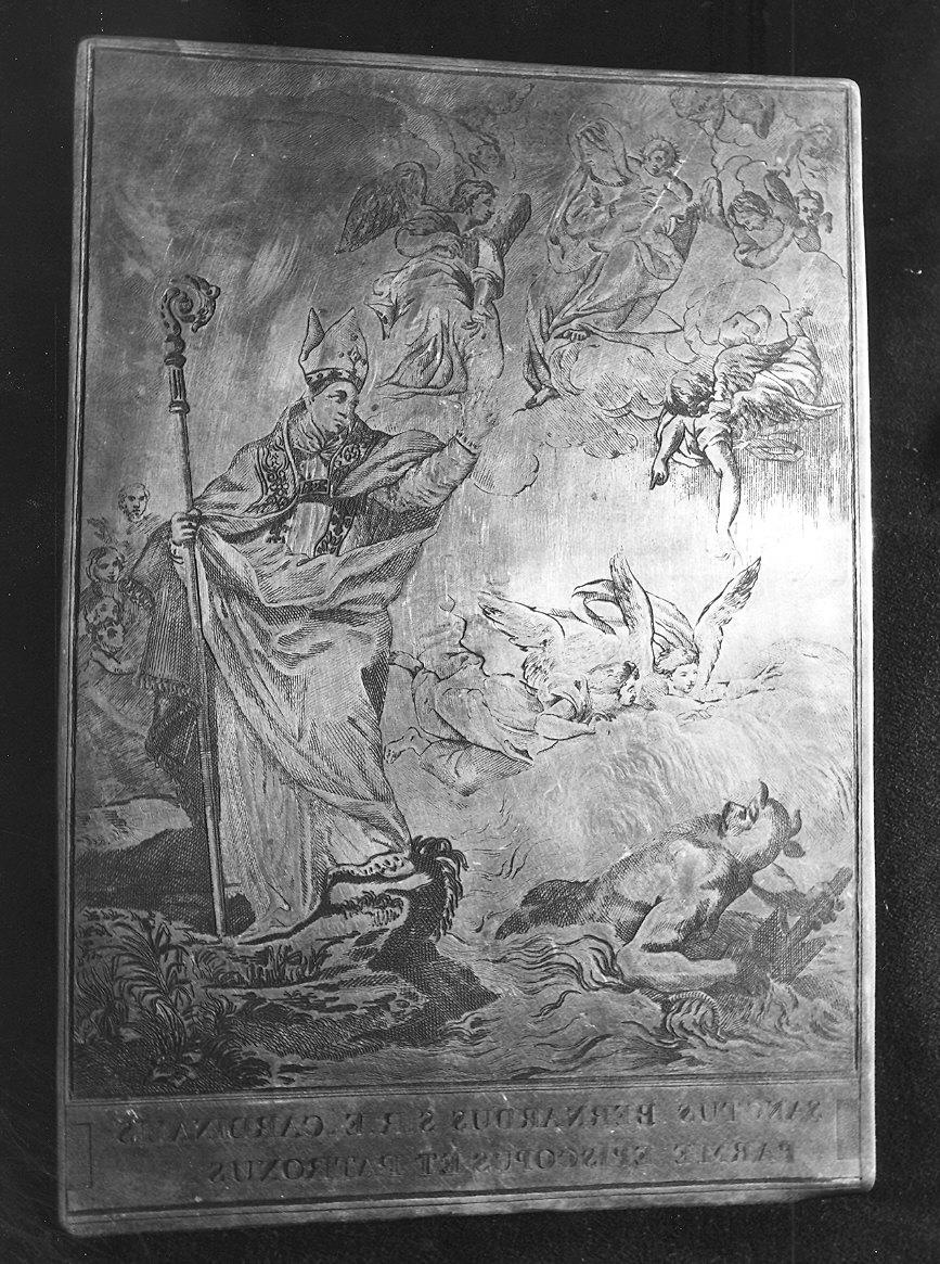 S. Bernardo benedice le acque del Po, Santo vescovo (matrice) di Bresciani Antonio (attribuito) (terzo quarto sec. XVIII)