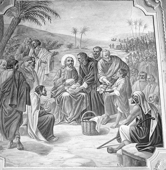 moltiplicazione dei pani e dei pesci (dipinto) di Botti Giuseppe (metà sec. XX)