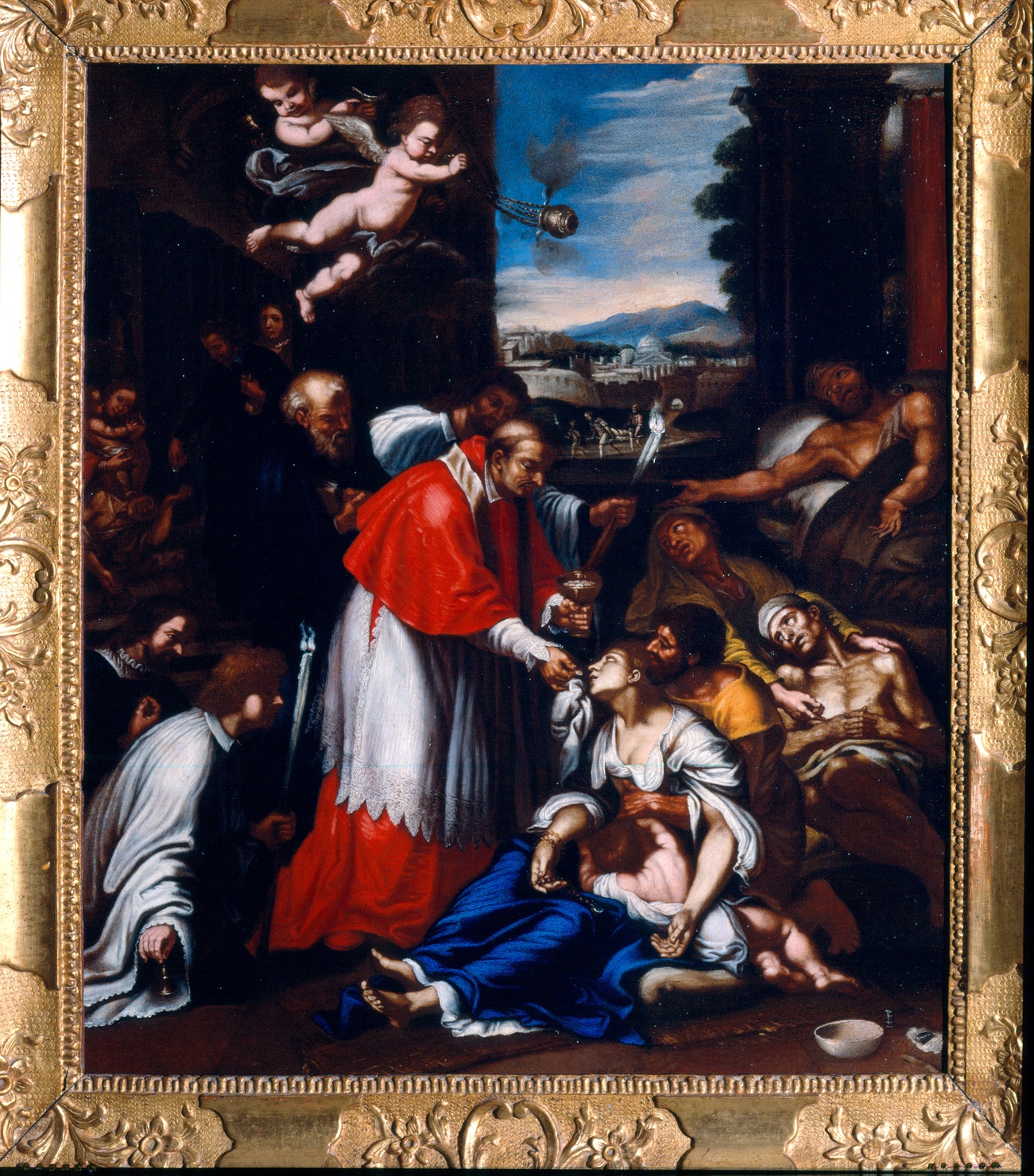San Carlo Borromeo somministra la comunione agli appestati (dipinto) di Taruffi Emilio (attribuito) (sec. XVII)