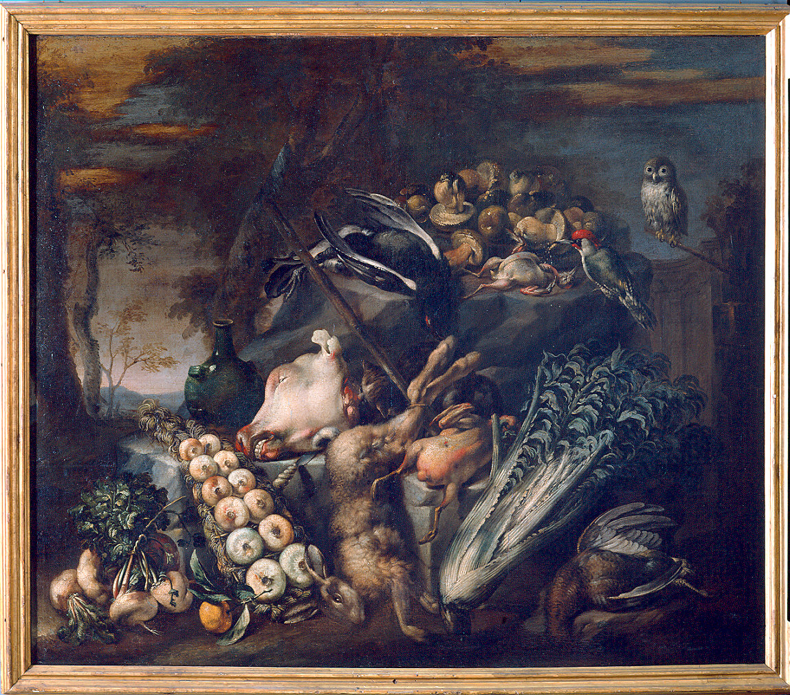 dispensa con ortaggi, funghi, selvaggina, testa di vitello e civetta (dipinto, pendant) di Boselli Felice (sec. XVII)