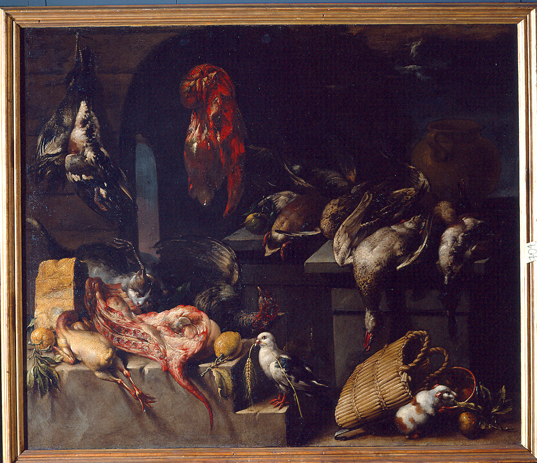 dispensa con selvaggina, punta di formaggio, limoni, gatto, colomba e porcellino d'India (dipinto, pendant) di Boselli Felice (sec. XVII)