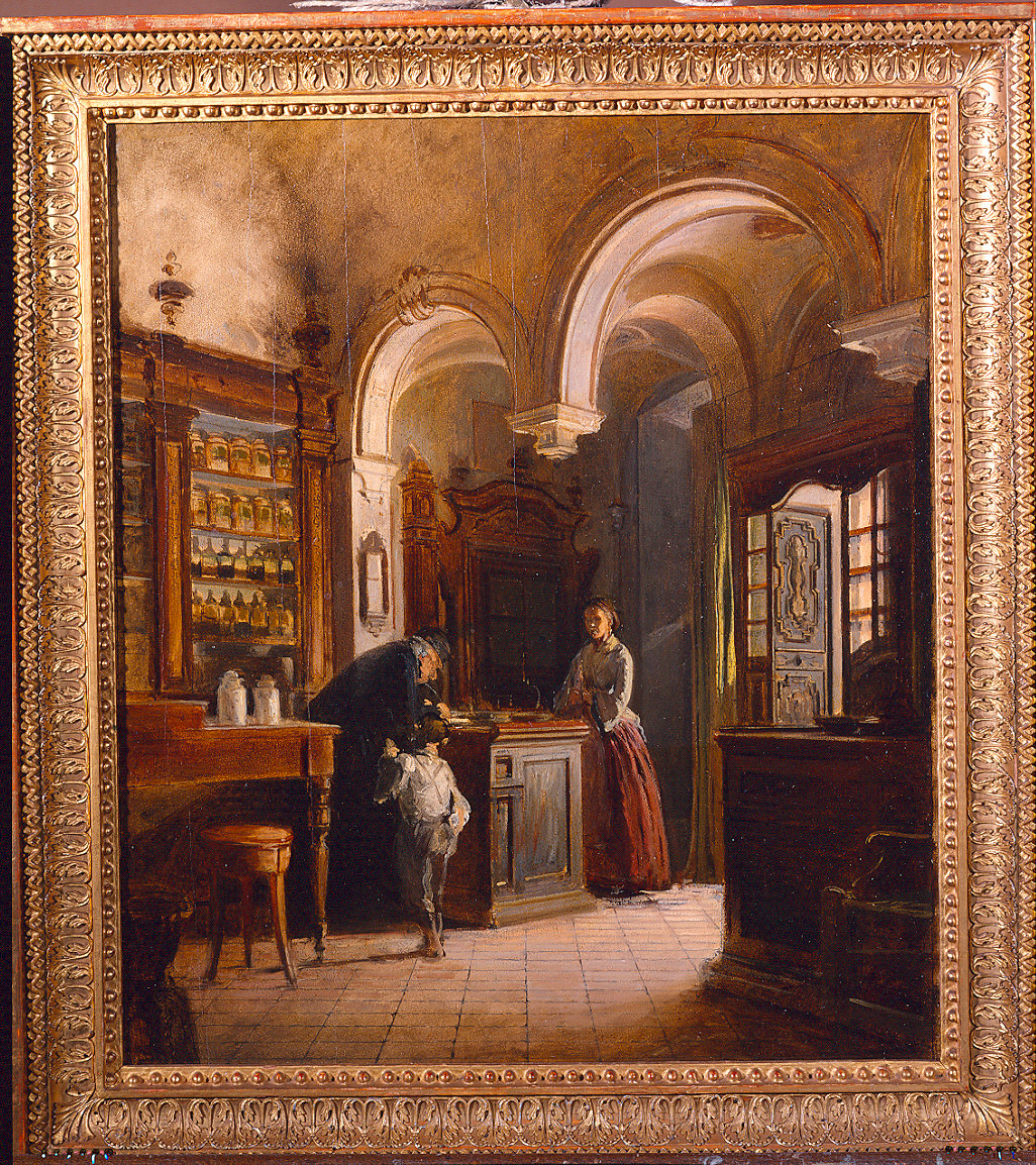 interno della farmacia di San Giovanni (dipinto) di Marchesi Luigi (sec. XIX)