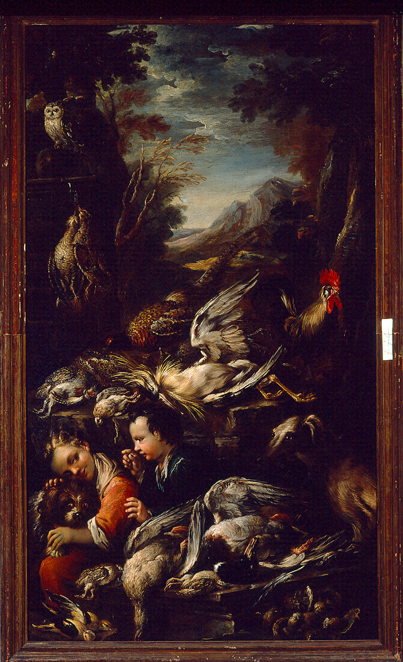 scena di mercato con selvaggina e pollame, bimbi che giocano, cani e civetta (dipinto, pendant) di Boselli Felice (sec. XVIII)