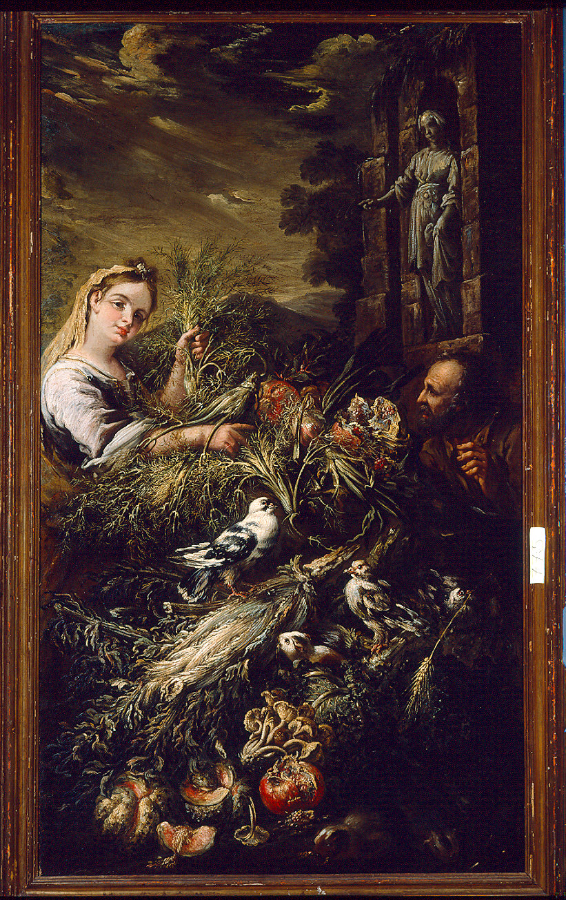 scena di mercato con ortaggi, colombe, una fanciulla e un vecchio (dipinto, pendant) di Boselli Felice (sec. XVIII)