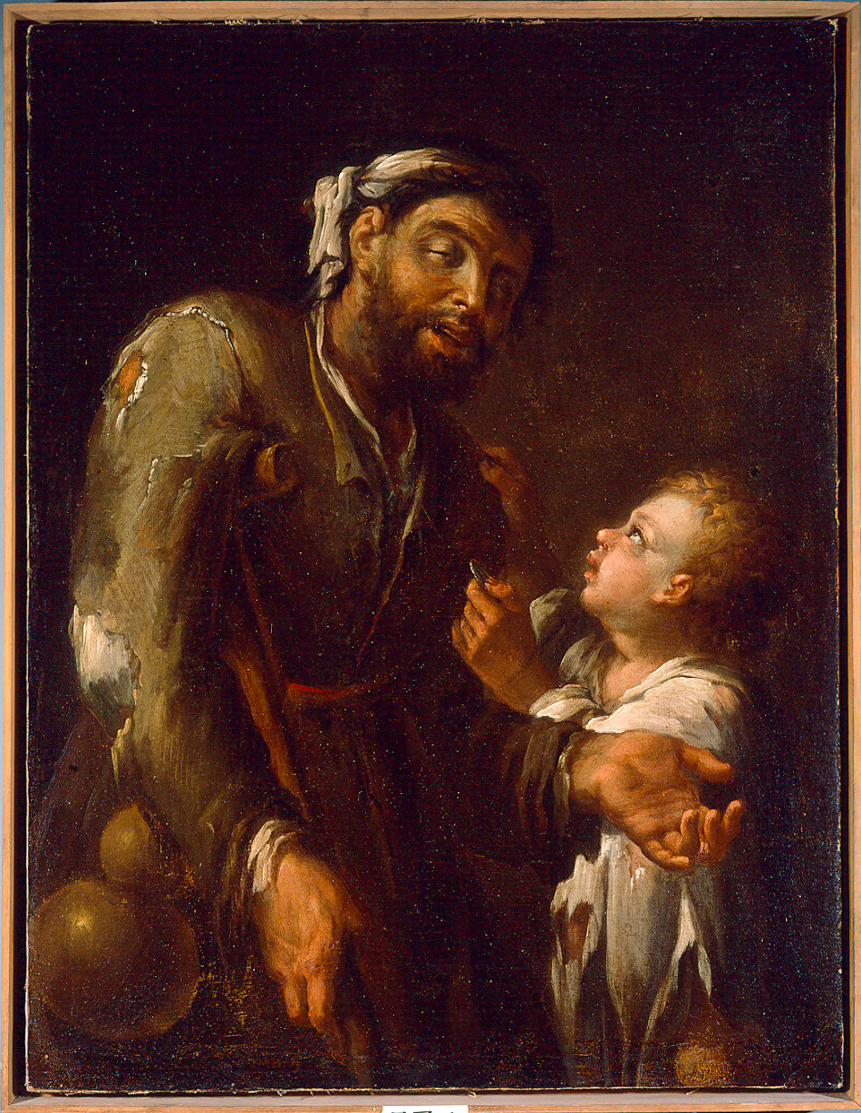 fanciullo dona una moneta a un mendicante cieco (dipinto) di Boselli Felice (inizio sec. XVIII)