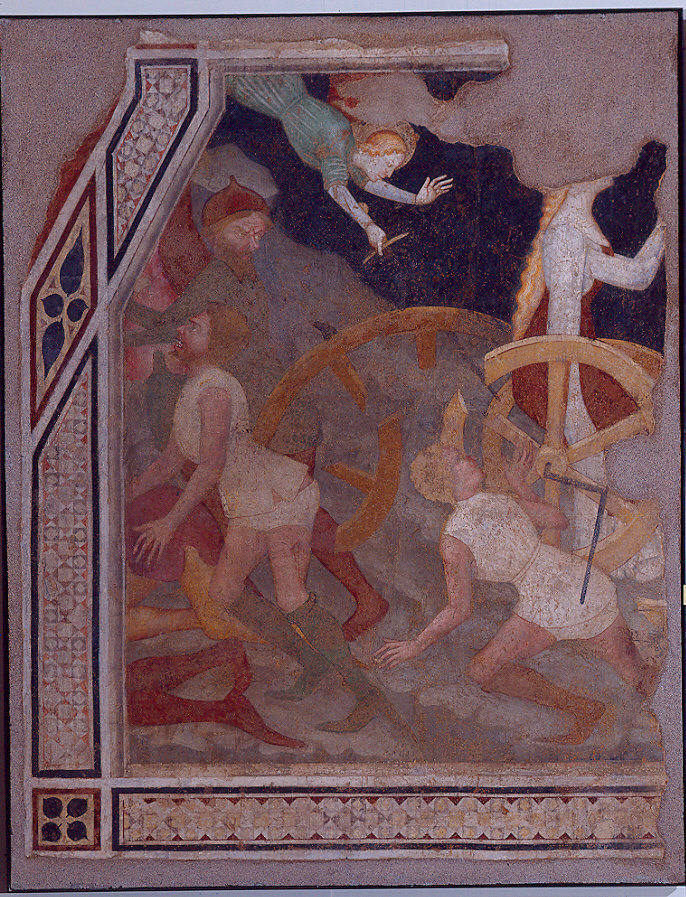 supplizio della ruota (dipinto, frammento) di Maestro di Santa Caterina (ultimo quarto sec. XIV)