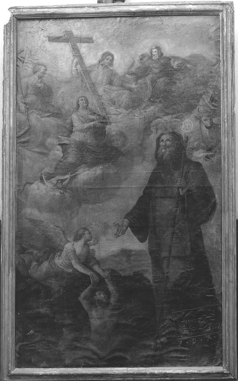 Miracolo di San Francesco di Paola con Trinità, Madonna Immacolata, San Giuseppe e San Luca (dipinto) di Ferrari Paolo (attribuito) (seconda metà sec. XVIII)