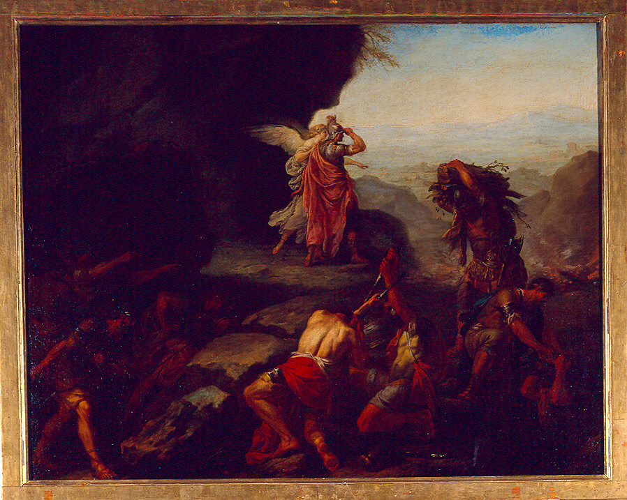 Il genio della guerra guida Annibale attraverso le Alpi (dipinto) di Borroni Paolo (sec. XVIII)