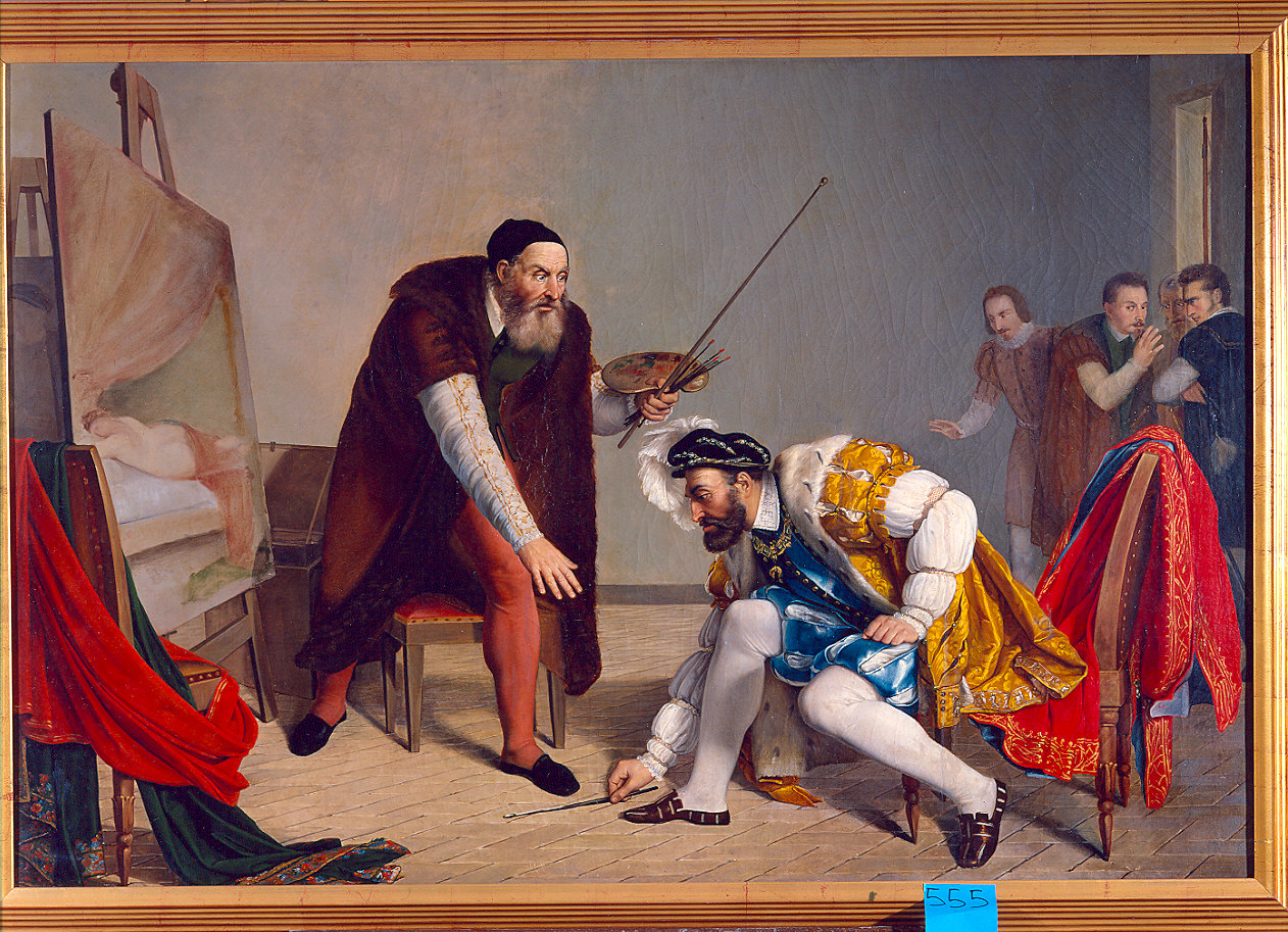 Carlo V raccoglie il pennello a Tiziano (dipinto) di Pellegrini Domenico (sec. XIX)