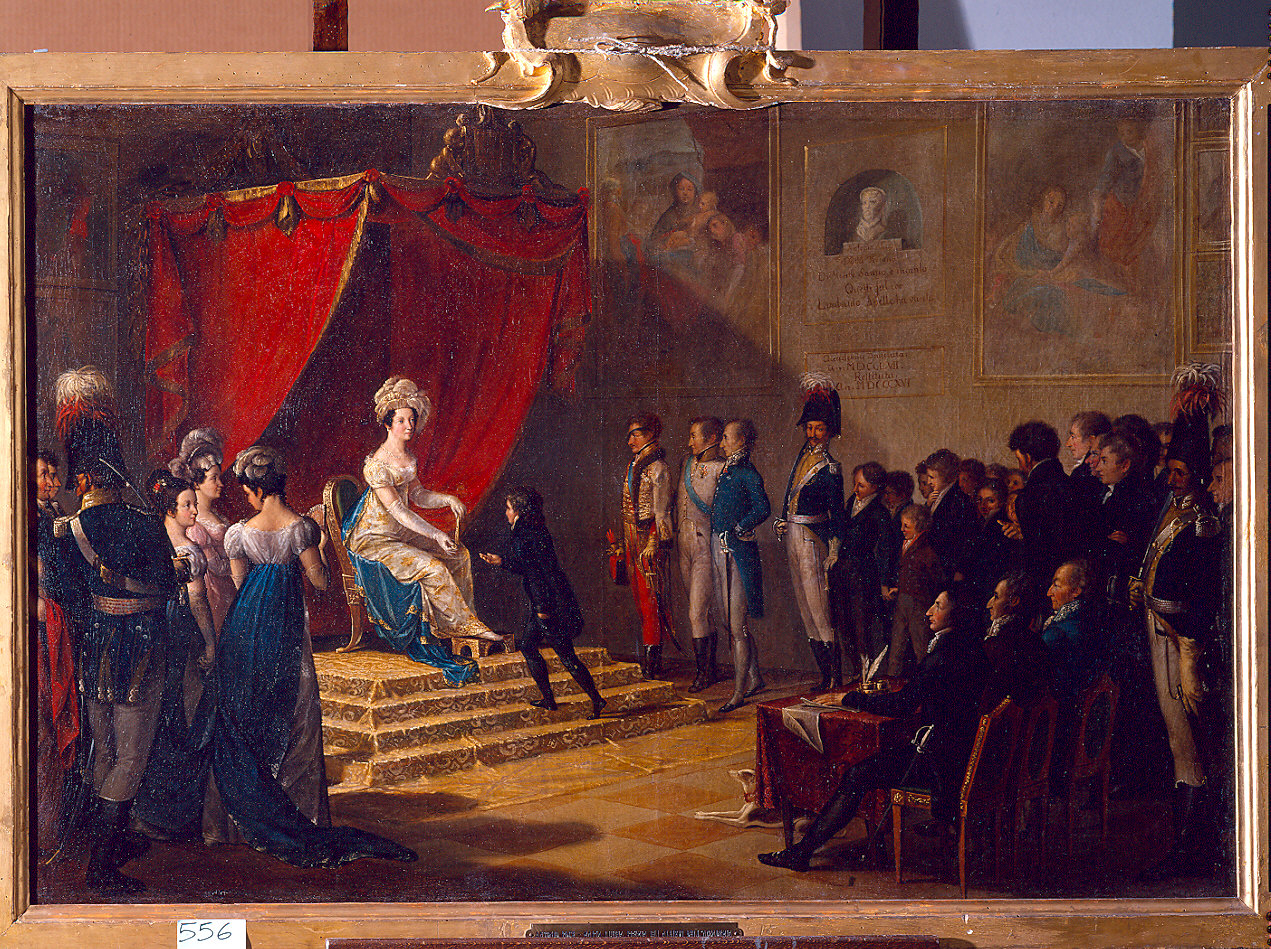 Maria Luigia distribuisce i premi agli scolari dell'Accademia di Belle Arti di Parma (dipinto) di Pock Johann (sec. XIX)