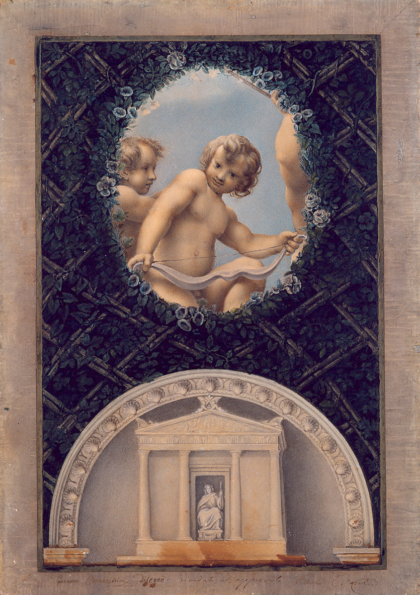 Putti che mostrano l'arco/ Tempio di Giove (dipinto) di Cornacchia Giovanni, Toschi Paolo (sec. XIX)