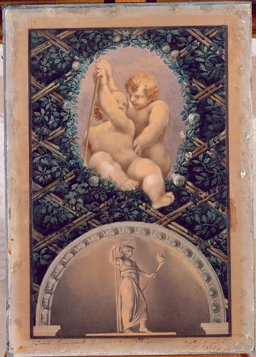 Putti e asta/ Minerva o Bellona (dipinto) di Raimondi Carlo, Cornacchia Giovanni, Toschi Paolo (sec. XIX)