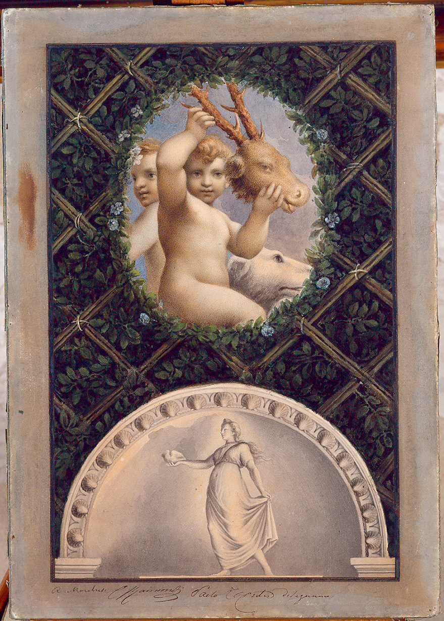 Putti e testa di cervo/ Castità (dipinto) di Marchesi Agostino, Raimondi Carlo, Toschi Paolo (sec. XIX)