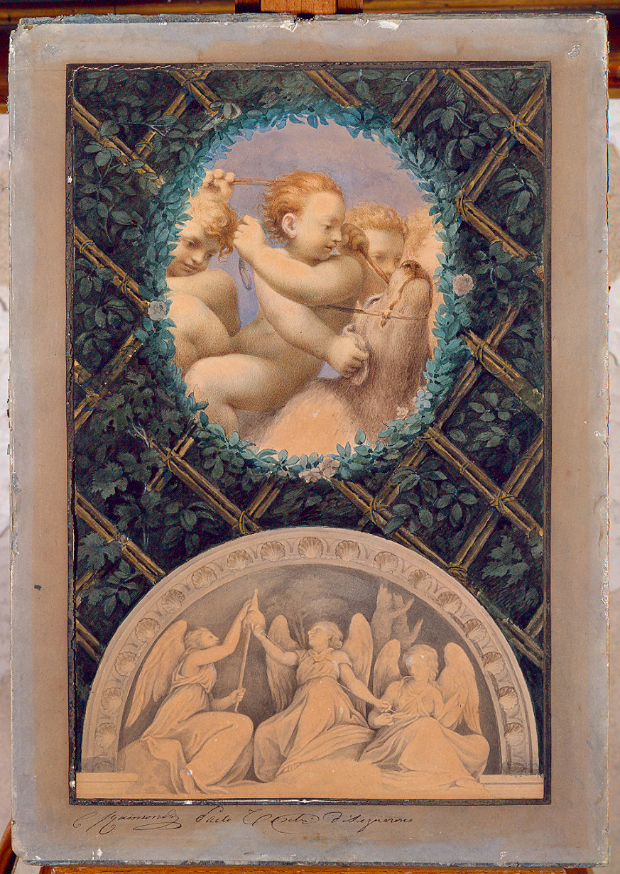 Putti e cane/ le Tre Parche (dipinto) di Raimondi Carlo, Toschi Paolo (sec. XIX)