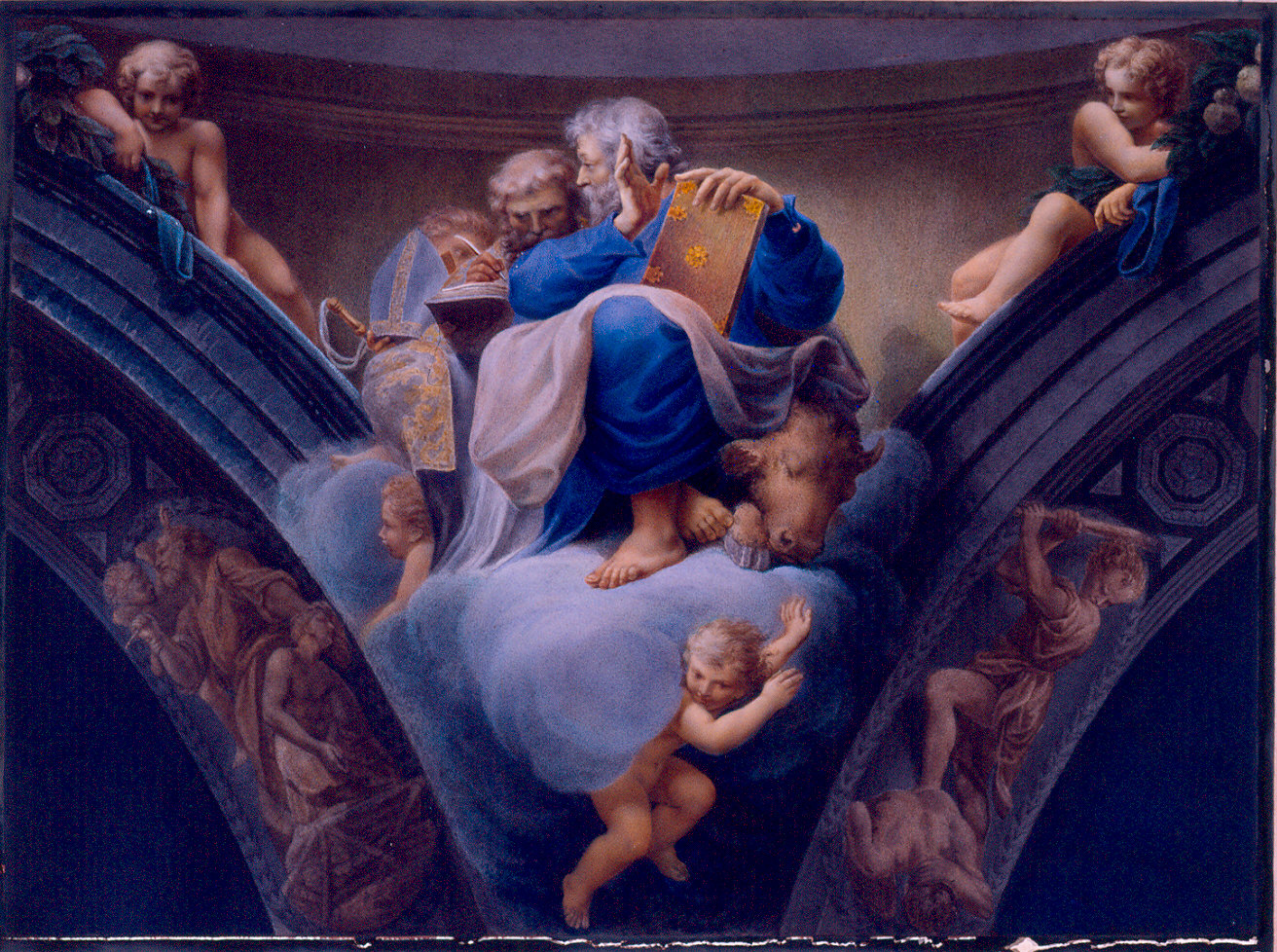 Pennacchio della cupola di S. Giovanni con i Santi Luca Evangelista e Ambrogio (dipinto) di Raimondi Carlo, Toschi Paolo (sec. XIX)