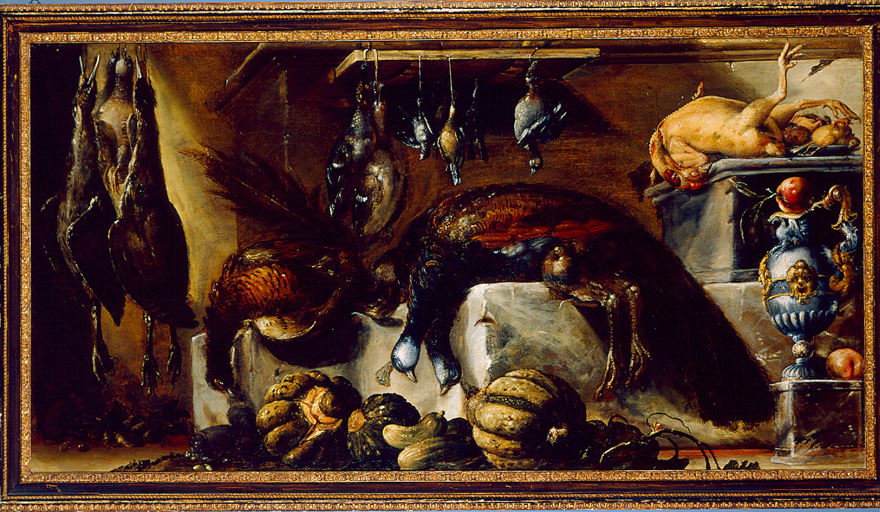 Natura morta con pavoni, zucche, selvaggina e una brocca a grottesche (dipinto) di Arbotori Bartolomeo (metà sec. XVII)