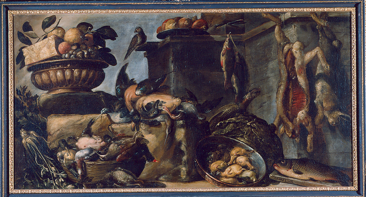 Natura morta con selvaggina, pesci, funghi, bacile con frutta e punta di formaggio (dipinto) di Arbotori Bartolomeo (metà sec. XVII)