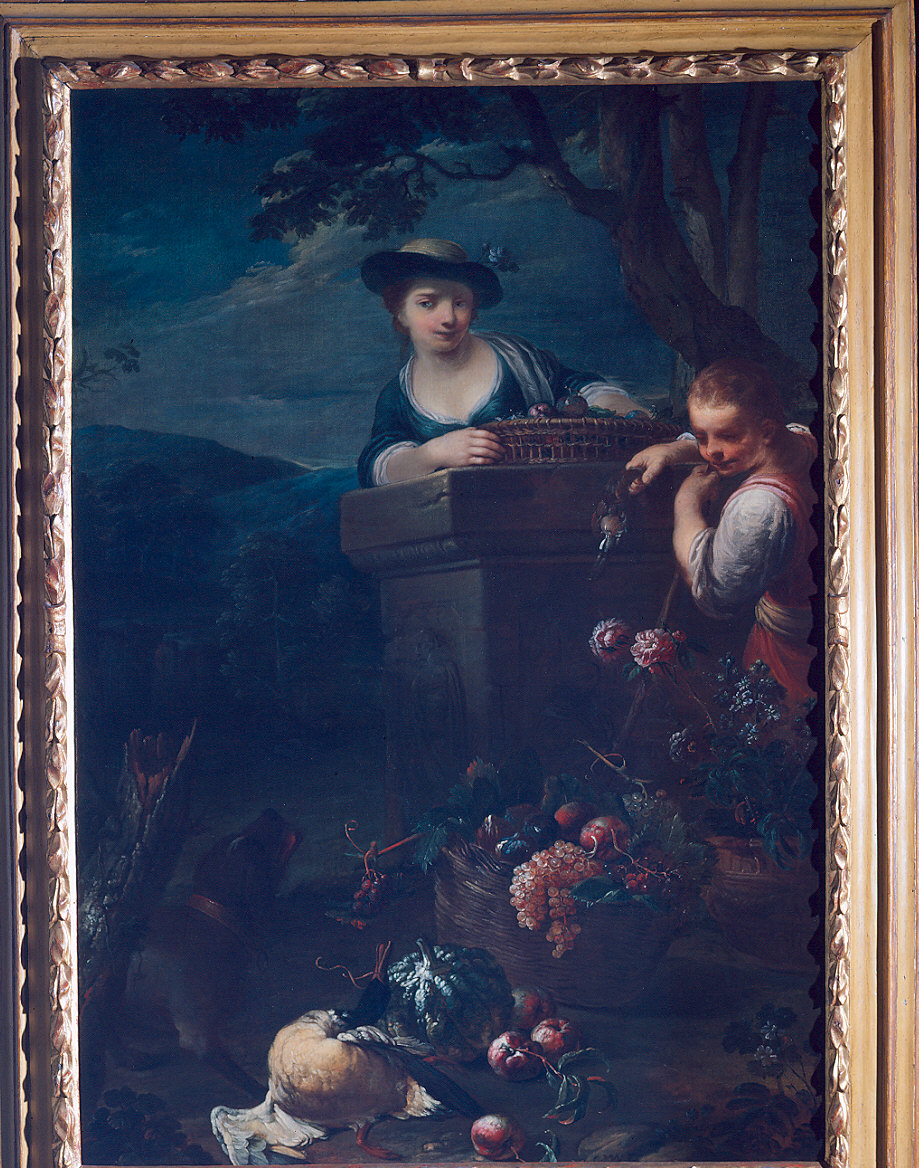 Natura morta con selvaggina, frutta e fiori con due ragazzi e un cane (dipinto) di Vitali Candido, Crespi Luigi, Minozzi Bernardo (sec. XVIII)