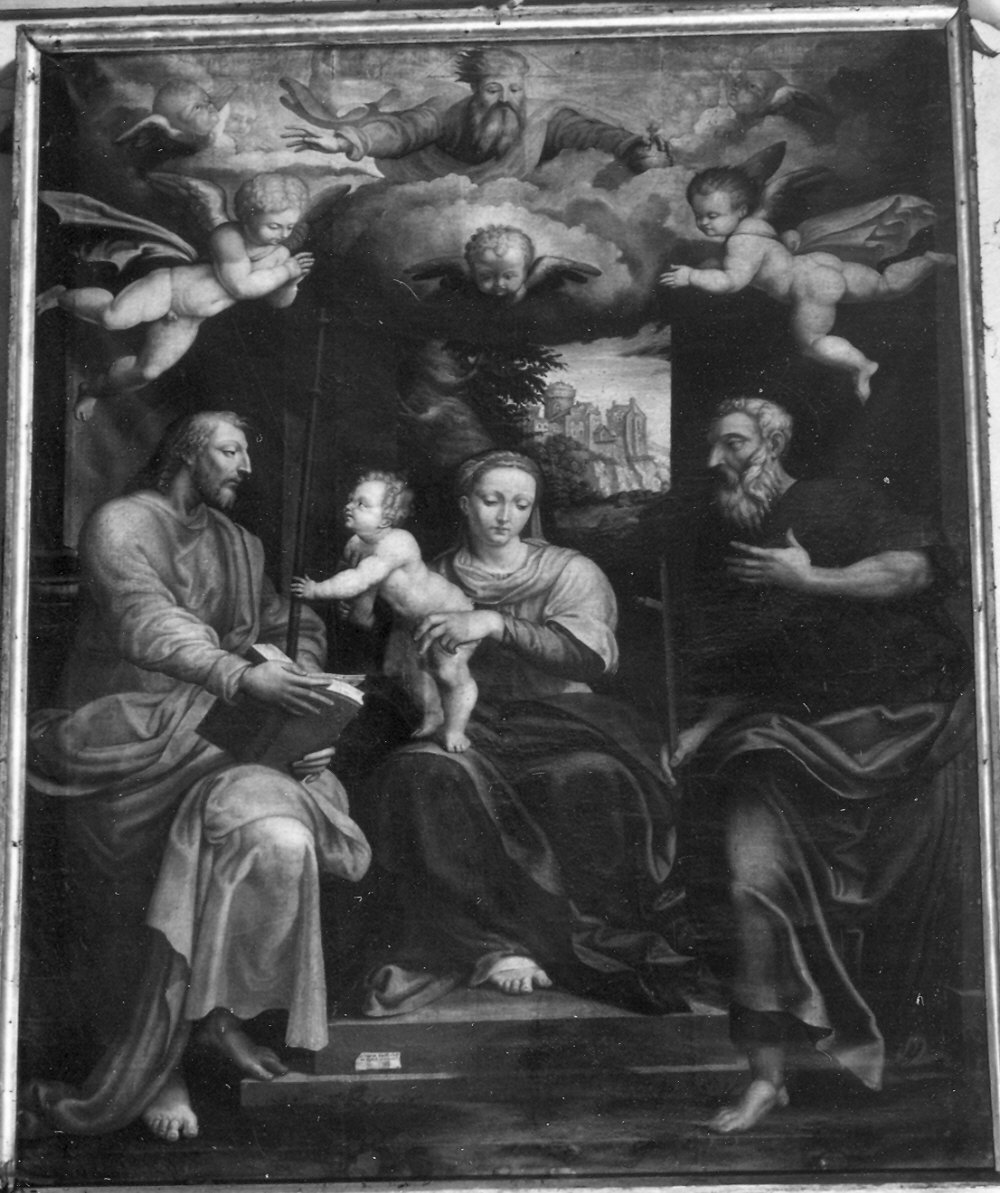 Madonna con Bambino, San Giacomo e San Filippo (dipinto) di Dalla Valle Gerolamo (sec. XVI)