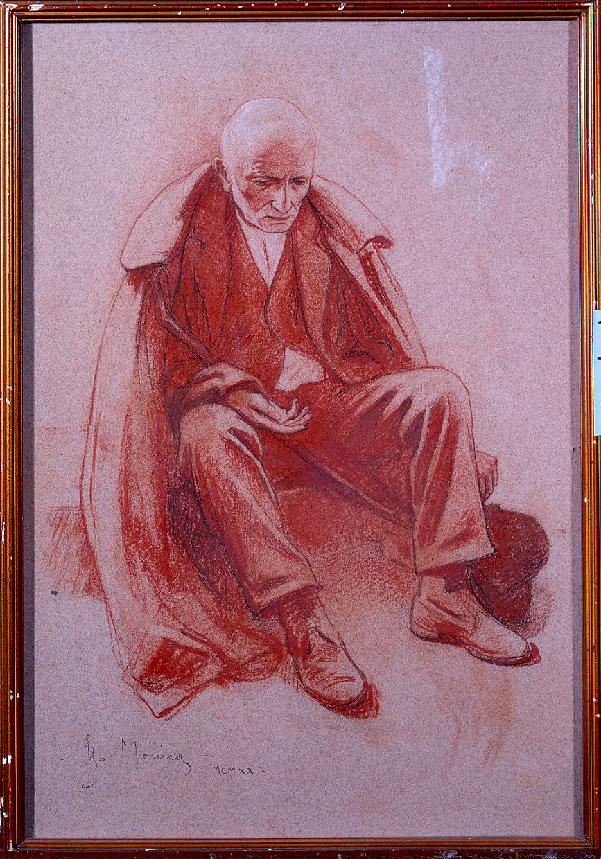 Vecchio seduto con tabarro (dipinto) di Monica Ugo (sec. XX)