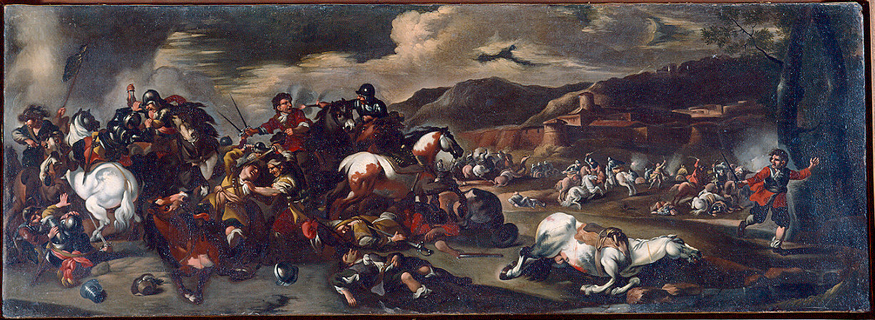 Battaglia ai margini di una boscaglia (dipinto) di Monti Francesco detto Brescianino (cerchia) (inizio sec. XVIII)