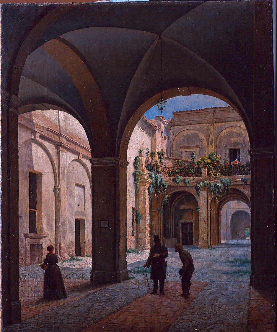 Cortile di Palazzo Belloni (dipinto) di Giacopelli Giuseppe (sec. XIX)