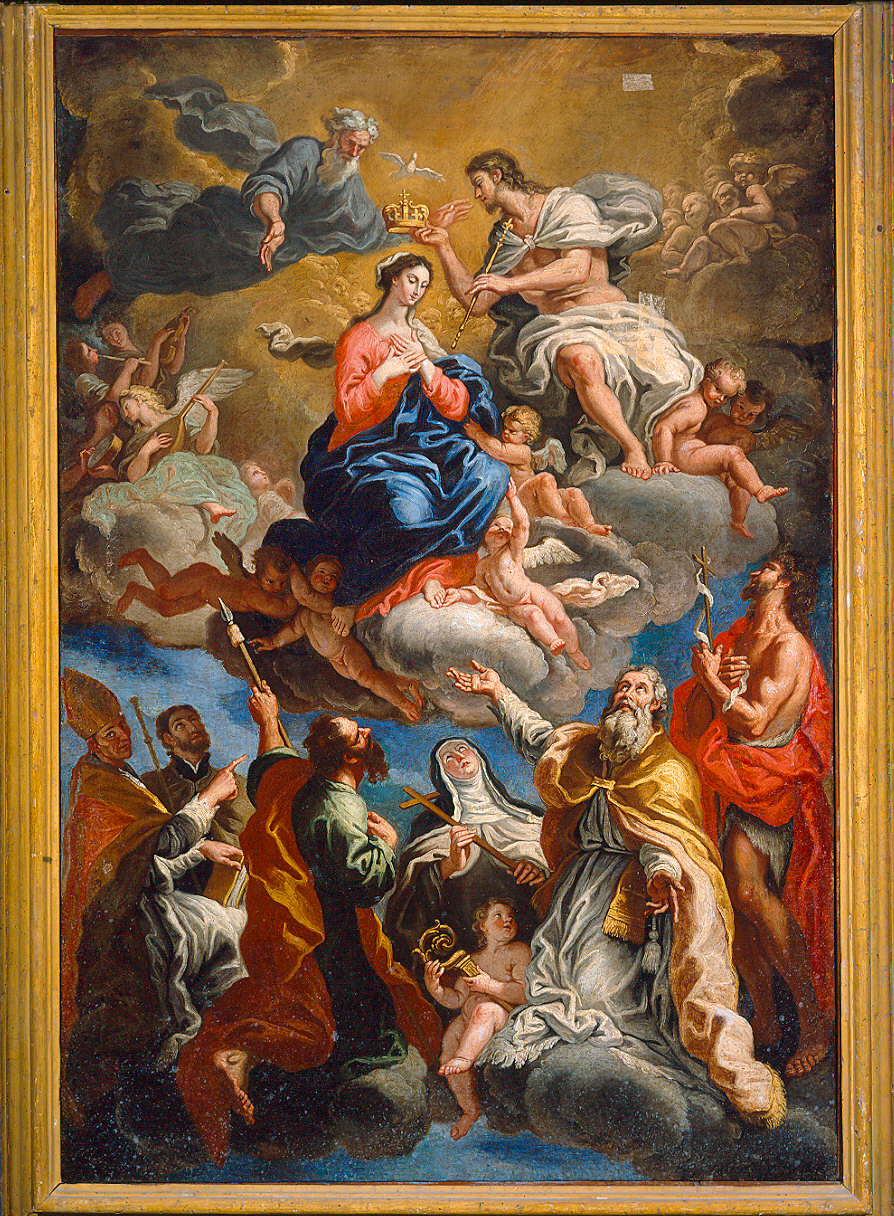 Madonna incoronata coi Santi Bernardo, Francesco Saverio, Tommaso, Maria Maddalena de' Pazzi, Ilario, Giovanni Battista (dipinto) di Merano Giovanni Battista (sec. XVII)