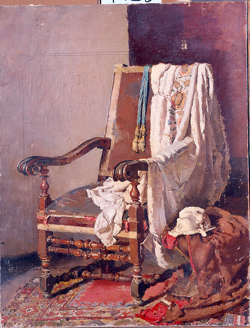 Poltrona con studi di stoffe (dipinto) di Mussi Guglielmo (secc. XIX/ XX)