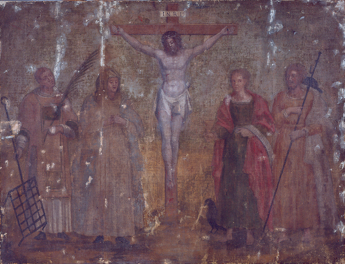 Cristo Crocifisso con San Lorenzo, la Madonna e i Santi Barbara e Giacomo (dipinto) - ambito padano (primo quarto sec. XVI)