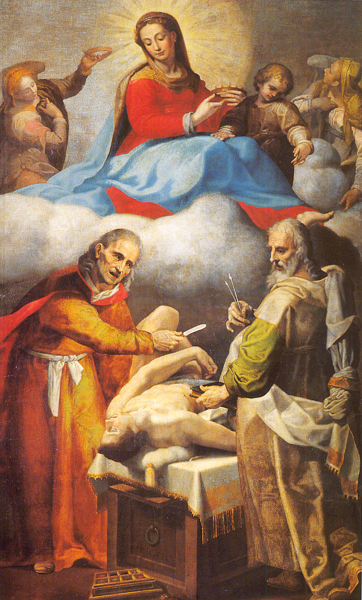 Madonna col Bambino e i Santi Cosma e Damiano (dipinto) di Tinti Giovan Battista (sec. XVI)