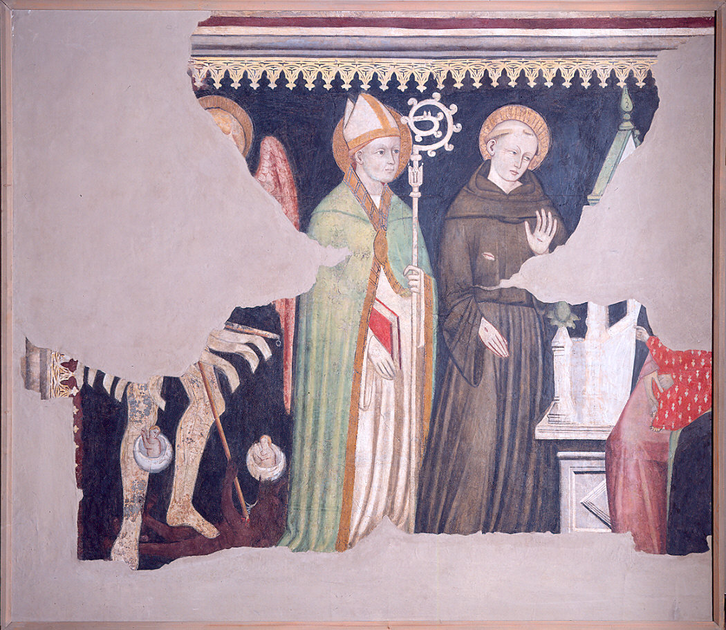 Madonna col Bambino in trono fra i Santi Michele Arcangelo, Ludovico d'Angiò, Francesco, Bernardo degli Uberti, Benedetto (?), Ilario (dipinto, frammento) - ambito emiliano (seconda metà sec. XIV)